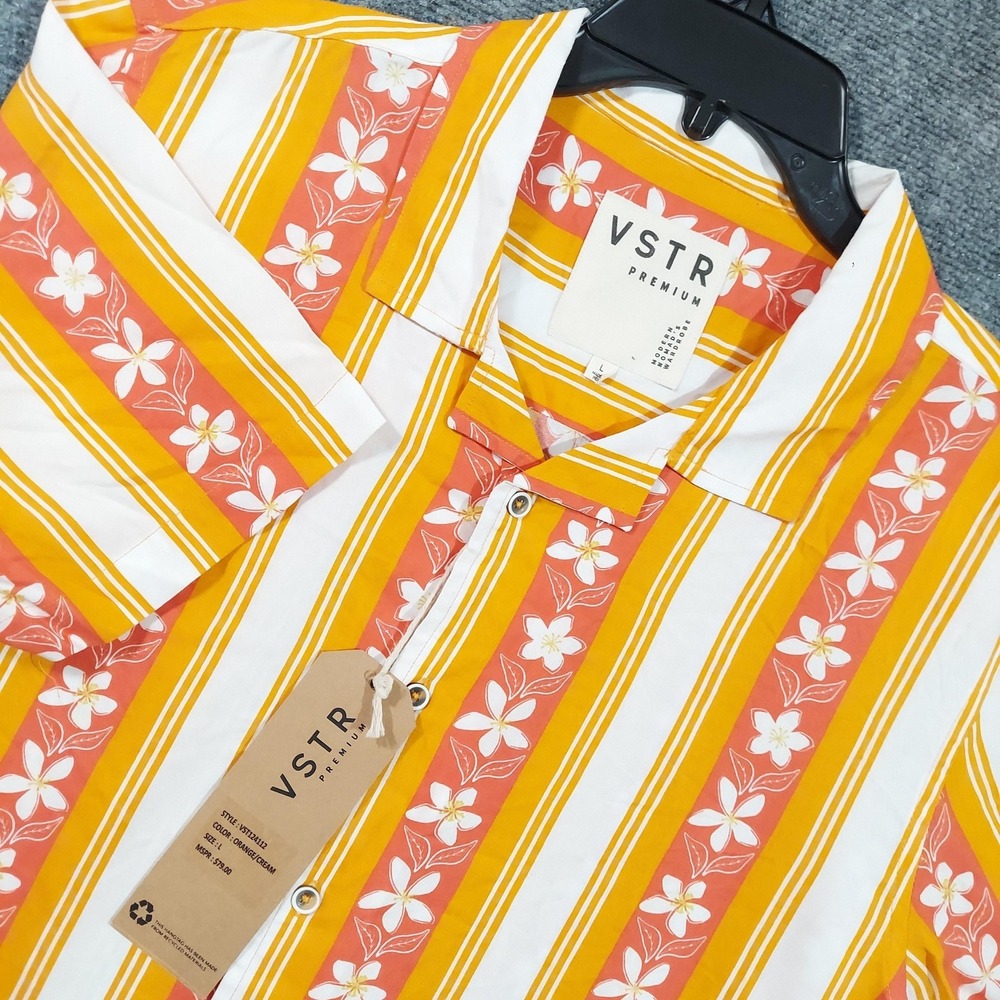 VSTR‎ Premium Shirt Mens Large Orange Short Sleeve Striped Button Up Viscose